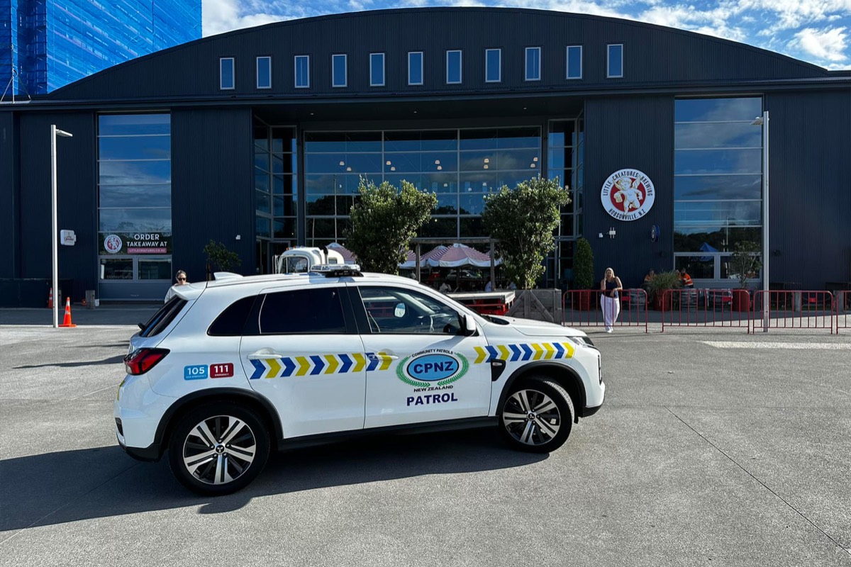 A West Harbour Community Patrol vehicle parked outside the Catalina Bay hangar